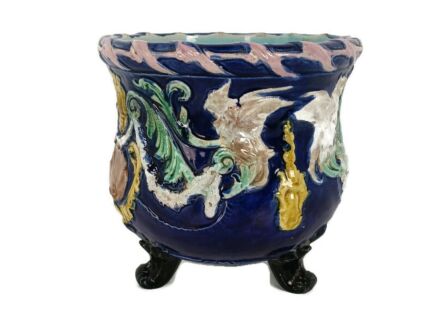 Planter Cache Pot French Pottery Faience Majolica Vintage Gorgeous Blue 