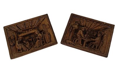 Couple Vintage Hand Carved Wooden Wall Panels  Plaque hand Carved France Victorian scenes Farmers
