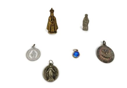 Collection of  Vintage Antique Medallions Pendants religious Catholic  two traveling figurines 6 pcs