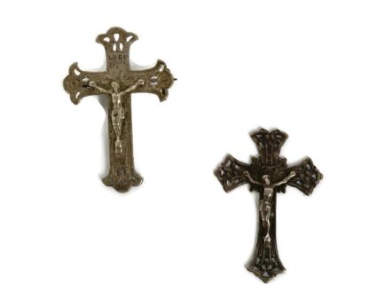 two miniature spelter Crucifixes for necklace and a brooch lovely Jesus Misericorde 