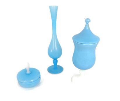 set of 3 Azzuro Baby Blue Art Glass pieces Vase Apothecary jar Jewelry trinket box vintage