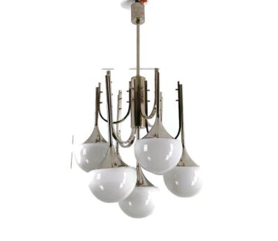 Mid Century Atomic Sputnik Trumpet Chrome Chandelier Opaline shades balls  Sciolari  
