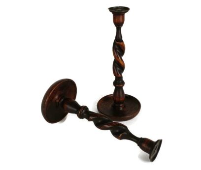 Couple pair Wooden Barley Twist Candle Holders Candlesticks Hand Carved Wood