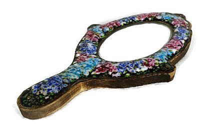 Lovely Hand Mirror Porcelain flower Pattern on wood Vintage 