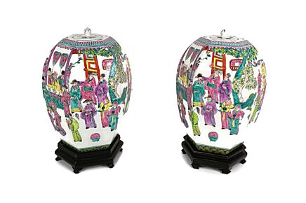 Pair Chinese Vases on base Hexagonal vintage Large Gorgeous polychrome family Rose