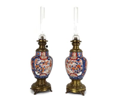 Pair of Oil Lamps Japanese Imari 19th Century antique Polychrome Porcelain 