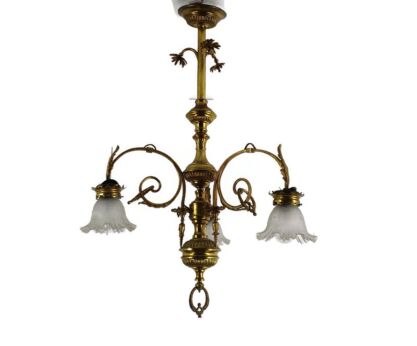 Brass Antique Gas Chandelier Electrified 3 arms lights Ornate Tulip shaped shades