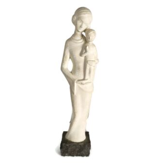 Virgin Mary Madonna Holy Mother Infant Child Plaster Statue on granite base Modernist 
