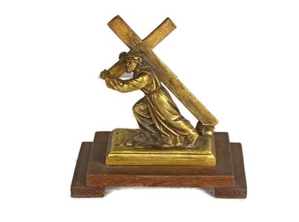 antique Statue Figurine Brass Jesus Christ carrying the Cross on wooden base dramatic