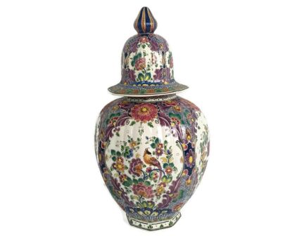 Huge Impressive Urn Vase Lidded Polychrome Bird hand Painted Delft Marked XXL