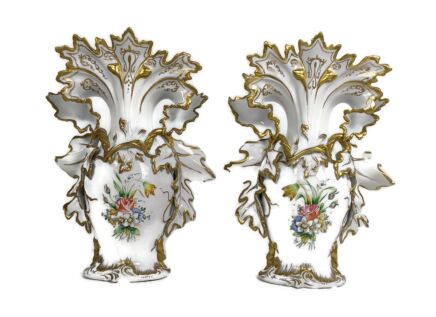 Couple Antique Vieux Paris Bruxelles Porcelain Fan Flair Bridal Vases XL made in Italy 