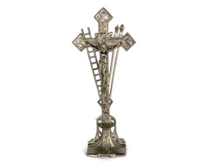 Modernist Standing Crucifix SIlver plated Spelter Tools of Passion Cross Jesus Christ
