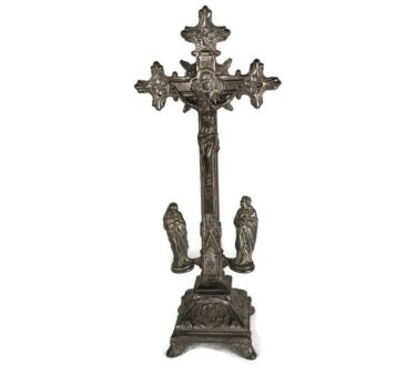 Large Standing Crucifix Faux Brass Spelter Calvary St John Mary Magdalene Beautiful Vintage