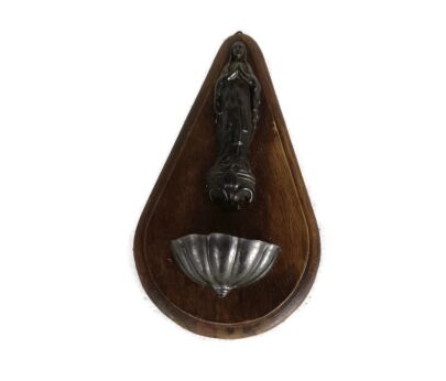 Holy Water Font Art Deco Faux brass Spelter on wood Vessel Madonna Virgin mary 