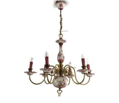 Vintage Porcelain Pink Flower Chandelier 6 arm 6 lights Italian Modernist