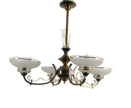Vintage 70s Chandelier  Shades Metal Plastic Art Glass Shades 4 arm 4 lights Lovely