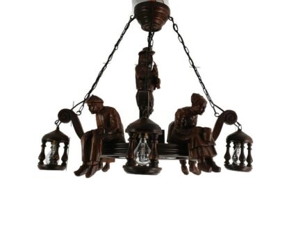 Impressive hand Carved Wooden Chandelier Breton Signed J C Lordeux France Figurines