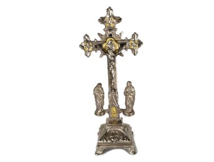 Gorgeous Standing Crucifix Silver Plated Calvary Saint John Mary Magdalene Faux Brass Spelter