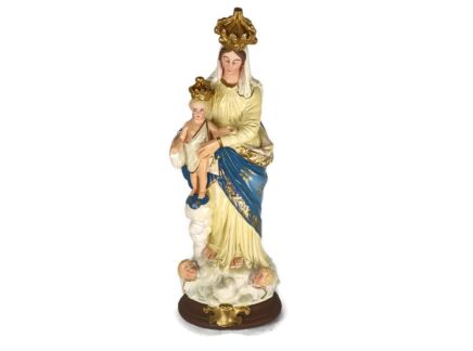 antique Neo Gothic Statue Plaster Polychrome Our Lady of Victory With Infant Angels 