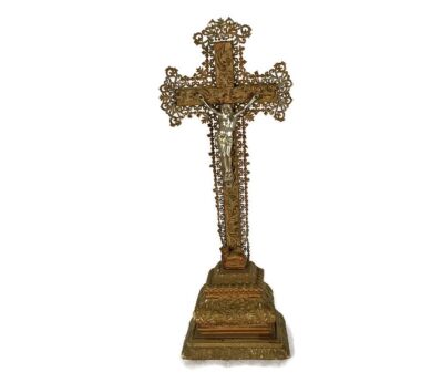 Antique Standing Crucifix Cross Plaster Ormulu lamb of God Beautiful Jesus Christ 