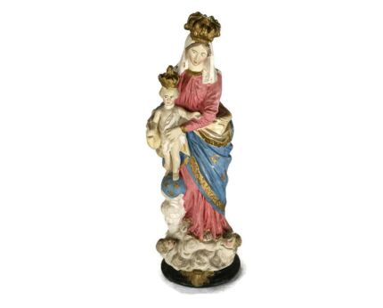 antique Neo Gothic Statue Plaster Polychrome Our Lady of Victory With Infant Jesus Angels  