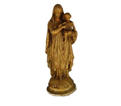 Statue Virgin mary Infant Jesus Child Gold Brown Plaster Ornate antique