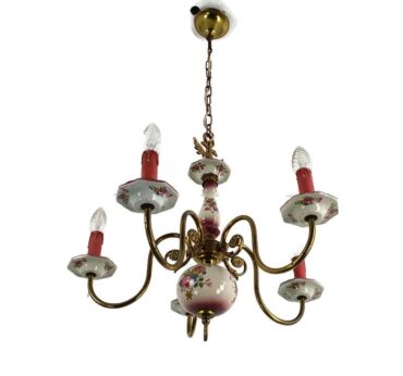 Chandelier Italy Italian Porcelain Pink Flowers Modernist Vintage 5 arms 5 lights country style