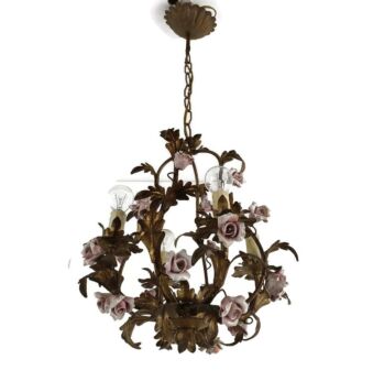 Hollywood Regency Chandelier 4 Lights Ornate Metal  Leafs Pink Porcelain Flowers Italian 