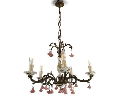 Chandelier 5 lights Arms White Porcelain Brass Flower Vintage Chandelier Romantic 