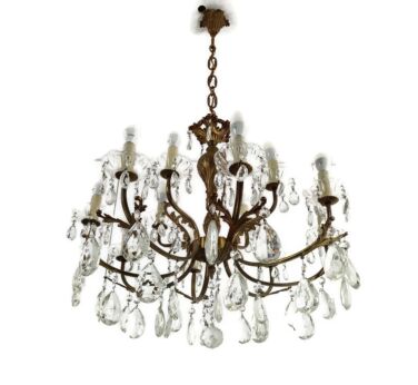Chandelier 8 Arms Lights Brass Crystal Glass bells Prisms Stunning Fixture vintage