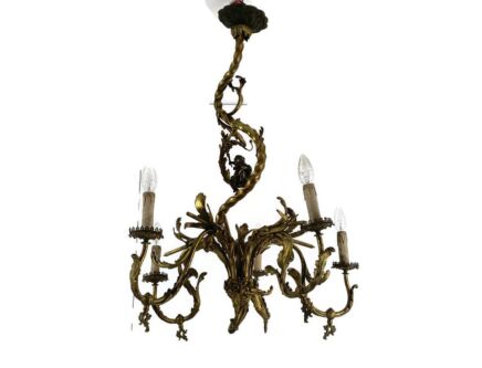 Bronze Chandelier Large Antique 5 arms Lights Gas electrified Putti 19th century