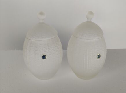 Pair Italian Art Glass Apothecary Candy Jars Clear Frosted Glass Lidded Vintage