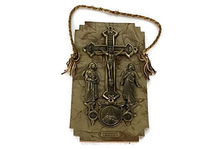 Art Deco Wall hanging Plaque Calvary faux marble on Wood Brass trims Crucifix Montaigu
