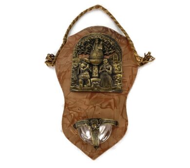Holy Water Font Vessel Large Wall Hanging faux Marble trim Brass Wood Montaigu Plaque