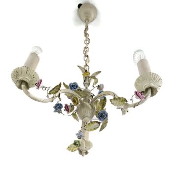 Lovely Chandelier Metal Flowers 3 arms 3 lights Flowers VIntage Hollywood regency