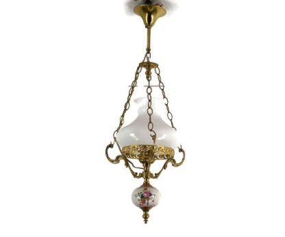 Vintage Porcelain Glass Shade Chandelier Pendant Italy Flower Patttern Fixture Brass Small