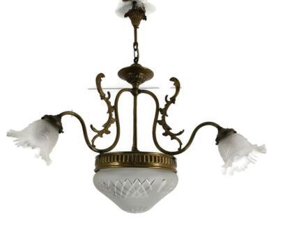 Chandelier Vintage 4 Lights 3 arm Brass Etched Glass Shades Gorgeous  Light 