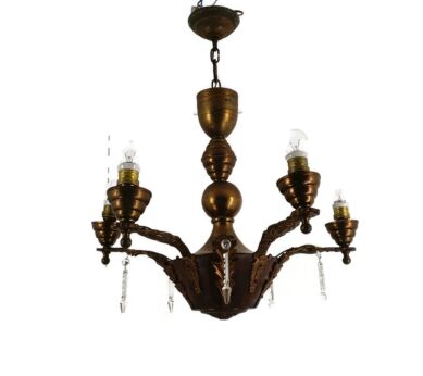 Art Deco Chandelier carved wood Ornate Brass Leafs Prisms 5 arm Lights Beautiful