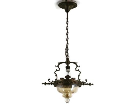 bauhaus Art Deco Pendant Bronze Glass Champagne Peach Color Antique 
