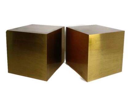 Pair Polished Brass Cubes Side Occasional Tables Germany Gold Colored Vintage