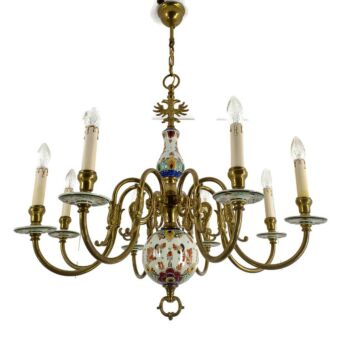 large Polychrome Delft Chandelier Vintage  Brass Porcelain Rare Barn Style