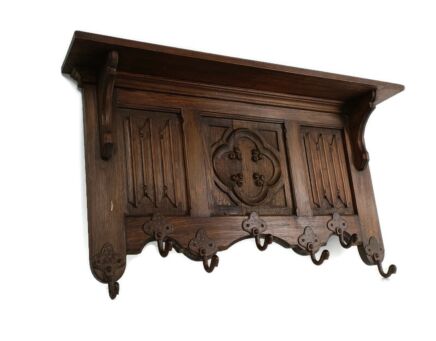 Hand Carved Wood Oak Coat Hat Kitchen Hallway Rack Antique Exquisite Gothic 
