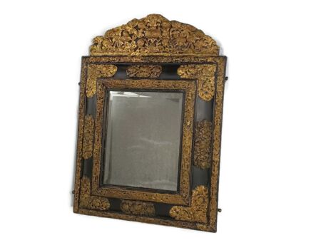 Large French Mirror Brass Ornate Trims Flowers Animals Wooden Frame 1700s Antique 