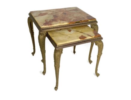 Two Nesting Stacking Side Tables Hollywood Regency Marble Top Brass Legs  Louis XV style