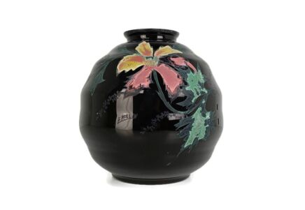 Art Deco Art Glass Vase Booms Glass, Belgium Signed F Merlin Hand painted flowers 