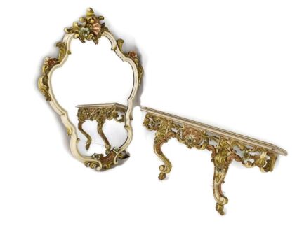 French Provincial White  Console wall hanging Wood with Mirror Vintage Ornate 