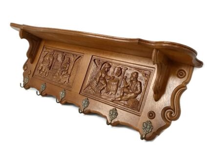 Gorgeous Hand Carved Wood  Coat Hat Rack Breughel Style figurines Panels   Antique