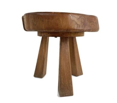 Hand Carved wood Milking Stool Pedestal Table Pedestal  French Brutalist Steampunk
