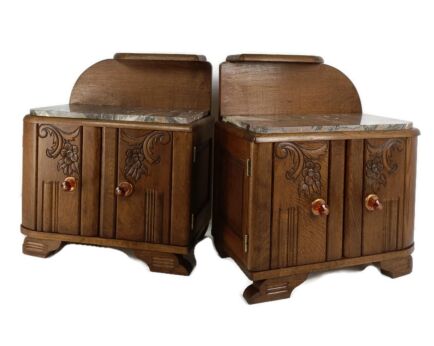 Pair Couple Antique Nightstands End tables Dresser Vanity Cabinets Funky Art Nouveau Deco  Marble Tops 
