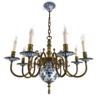 Stunning Delft Blue white Porcelain Brass Chandelier 8 arm Fixture Barn Farmhouse style 